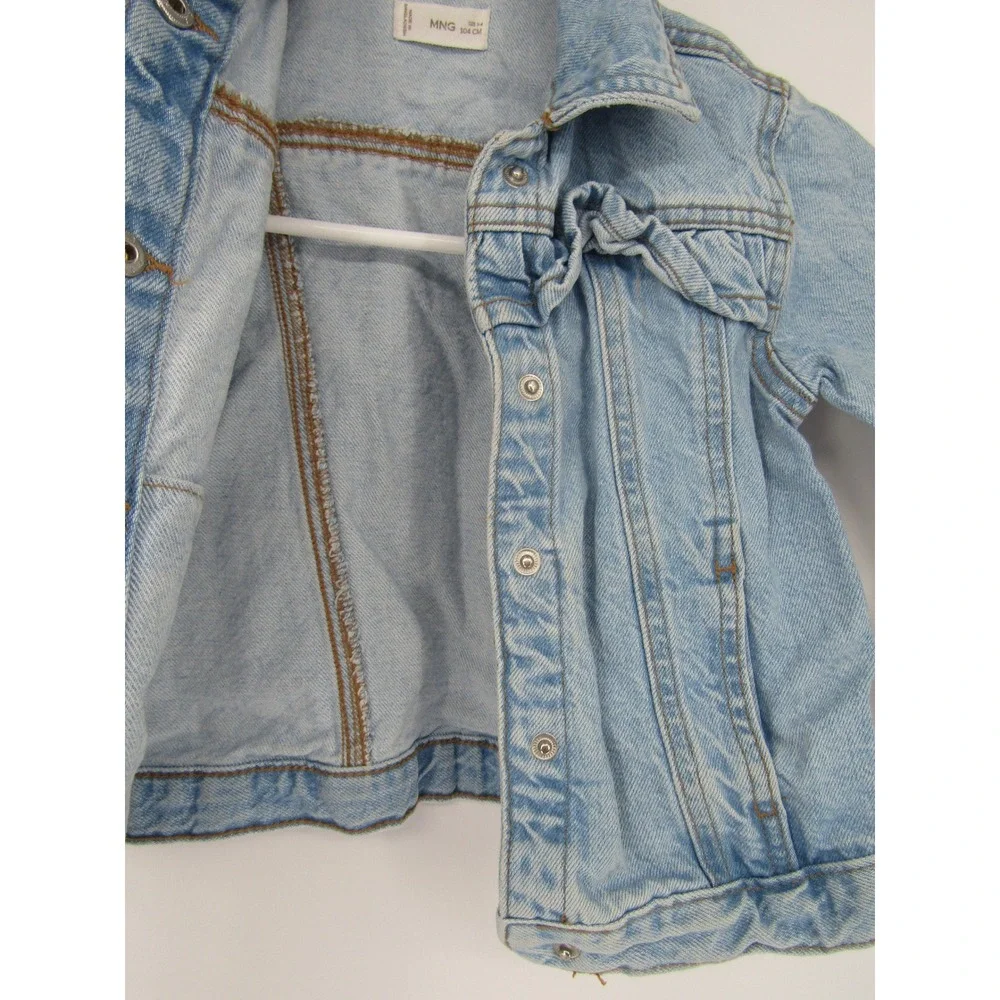 MNG Denim Jacket Girls 3-4 Light Blue‎ Ruffle Front Button Up Cotton Coat Layer